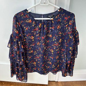 Madewell Navy Blue Ruffle-Sleeve Floral Top M